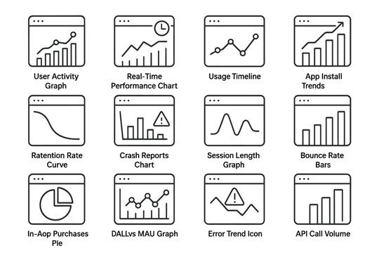 Application performance metrics dashboard with graph icons and trends
