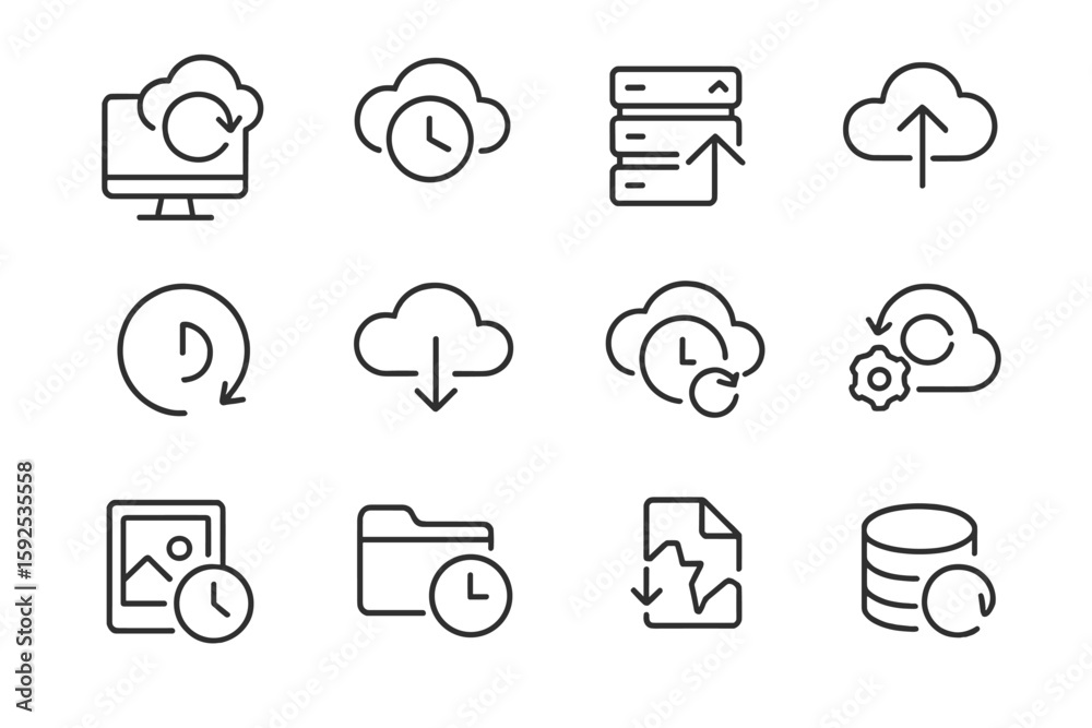 Fototapete Cloud and data storage icons on dark background with update and sync symbols