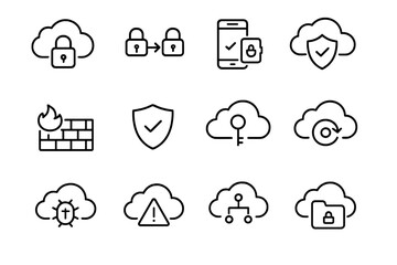 Cloud security icons featuring locks, shields, firewalls, and encryption symbols