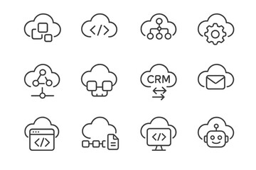 Fototapeta premium Cloud computing icons with code, crm, automation, and networking symbols