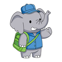 Cartoon elephant wearing a blue hat and shirt, with a green bag slung over its shoulder.
