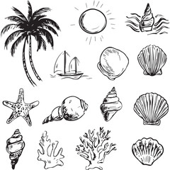 Black and white Hand Drawn Summer Vintage classic plant tree 