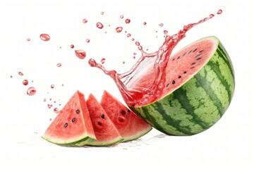 Refreshing watermelon slices with a splash of juice on a white background