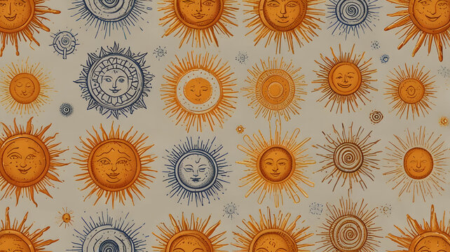 Fototapeta Seamless Vintage Sun Faces Pattern in Orange and Blue Celestial Styl