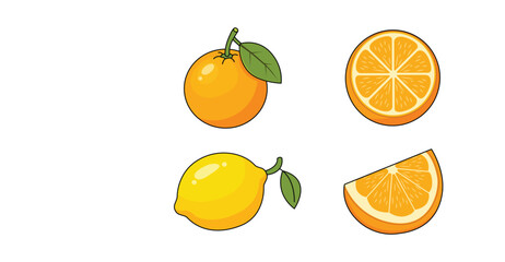 Colorful illustrations of oranges and a lemon, showcasing whole and sliced fruit.