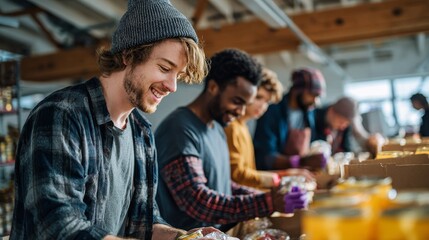 Fototapeta premium Diverse group of young adults volunteering at food bank