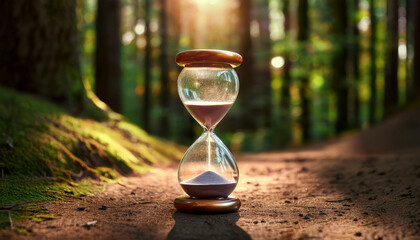time stands still hourglass paused on forest path embodies times pause symbolizing lifes suspended fleeting moments of peace