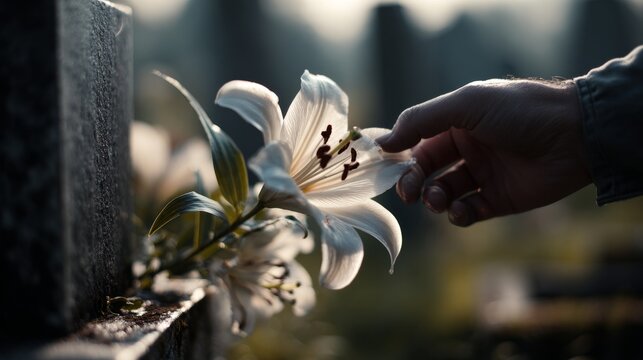 Hand touching white lily on a tombstone in quiet cemetery at dusk