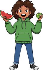 Boy in green hoodie holding watermelon slice and green apple vector illustration with happy expression and casual outfit 