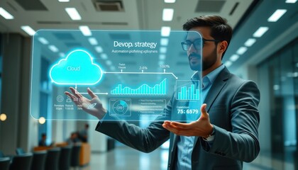 Business professional presents innovative cloud computing strategy with futuristic interface