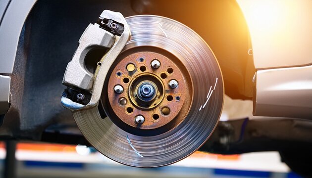 close up of automotive disc brake with soft blur background light