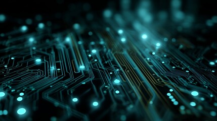 Futuristic circuit board with glowing blue lights and digital connections