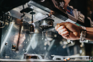 Barista skillfully brewing coffee with an espresso machine, creating a focused and professional atmosphere.