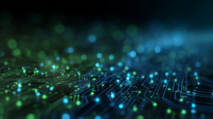 Futuristic circuit board with glowing blue and green connections in digital network