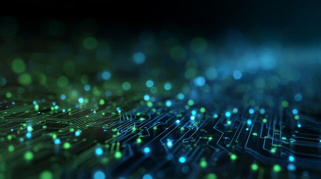 Futuristic circuit board with glowing blue and green connections in digital network