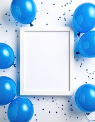 White frame surrounded by blue balloons and confetti (1)