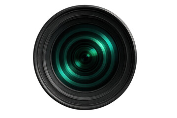 Camera lens with turquoise reflections on a transparent background