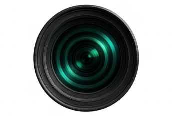 Camera lens with turquoise reflections on a transparent background