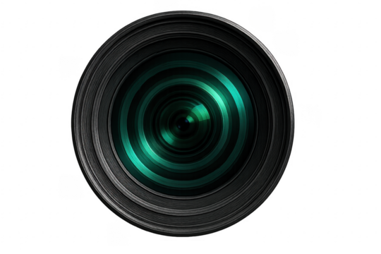 Camera lens with turquoise reflections on a transparent background - Powered by Adobe
