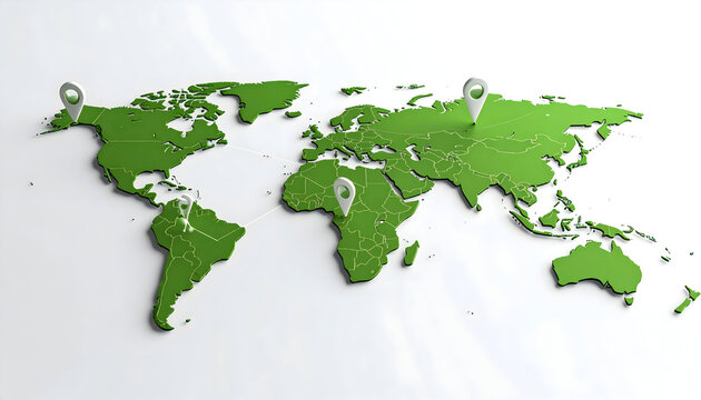 Green 3D World Map with Location Markers
