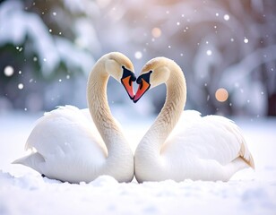 Fototapeta premium Two swans in love, snowy winter scene