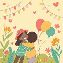 Cute Girls Hugging Outdoors – Friendship and Love Vector Illustration