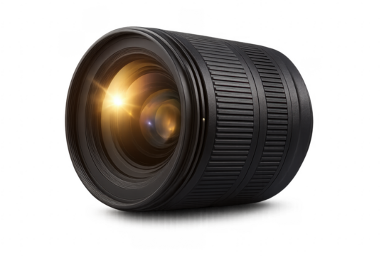 Camera lens with transparent background showing light reflections
