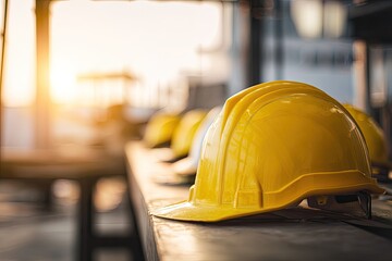 Safety helmets on a workbench, bathed in warm sunlight