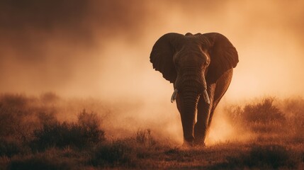 Obraz premium Majestic elephant walking through golden mist at sunset in african landscape