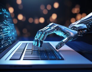 robotic hand pressing a keyboard on a laptop 3d rendering