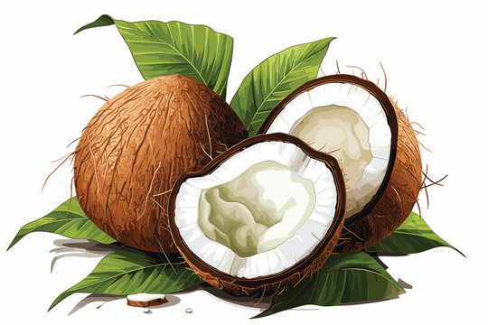 Coconuts watercolor sketch. Fresh Cocos nuts and leaves colorful watercolor paint isolated on white background, coconut ingredients painted drawing, coco color vector illustration