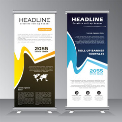 roll up design and vector template. yellow and ligth blue color standee design, vertical banner,  x standee Banner Template. Presentation and Brochure Flyer. Vector illustration