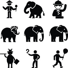 Obraz premium Collection of diverse black and white vector icons featuring people and animals