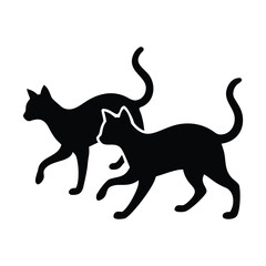 Two black cat silhouettes walking side by side isolated on white background