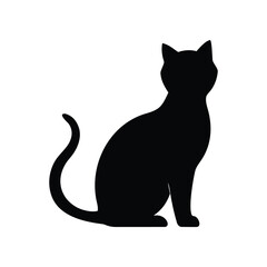 Black silhouette of a sitting cat isolated on white background