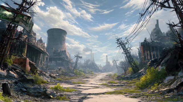 Ruins of an abandoned industrial city with collapsed cooling towers, broken power lines and cracked asphalt under bright blue sky. Concept of post-apocalyptic decay and urban silence