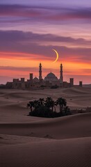 Obraz premium Photo of the majestic mosque stands silhouetted against a vibrant desert sunset, with a crescent moon gracing the sky, evoking the spirit of the middle east