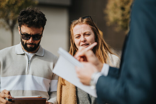 Three individuals engaged in a collaborative conversation while reviewing materials and taking notes.