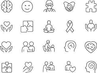Mental Health & Therapy Vector Icon Set. Brain, speech bubble, puzzle, conversation, meditation, lotus, support, call, empathy, 24/7, cloud thinking, checklist icons
