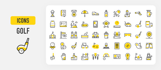 Golf icons. Golf Club, Hill, Umbrella, Trees, Hole In One, Binocular, Golf Gloves, Lake, Golf Cart, Golf Caddy, Lessons, Distance, Basket, Bag, Field, Stick vector stroke illustration.	
