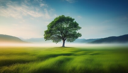 Fototapeta premium a solitary tree stands prominently in a misty green meadow