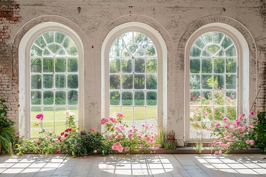 Fototapeta A set of three large arched windows with thin white frames, overlooking a beautiful garden filled with roses and wildflowers 