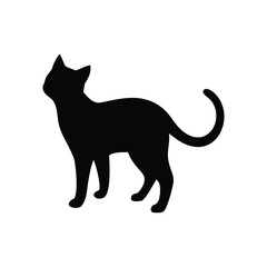 Black cat silhouette standing with tail curled isolated on white background