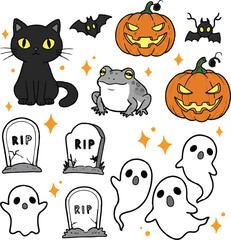 Naklejka premium Cute and spooky Halloween cartoon icons hand-drawn style, Adobe Illustrator Artwork