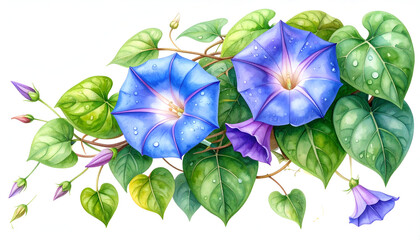 Watercolor Illustration of Climbing Morning Glory Flowers and Vines