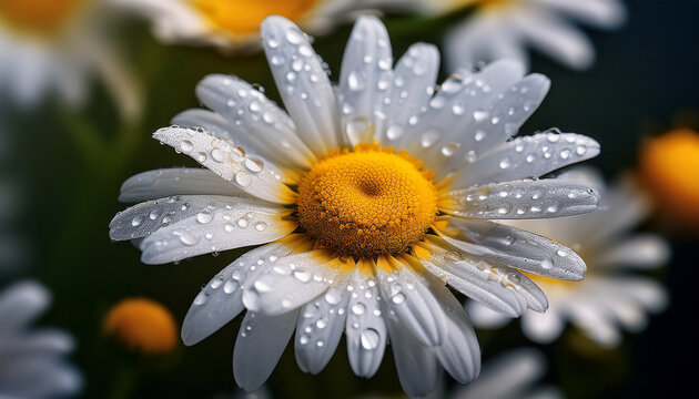 close up of a chamomile flower showcasing dew drops on white petals and a vibrant yellow center