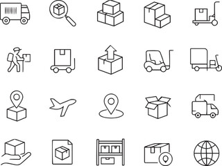 Warehouse Inventory Vector Icon Set. Storage, logistics, delivery, packaging, barcode, forklift, shipping, pallet, stock, tracking, management, cargo, supply chain icons