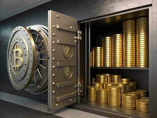 A vault door open revealing stacks of gold coins and a bitcoin symbol on the vault door itself ai genrated