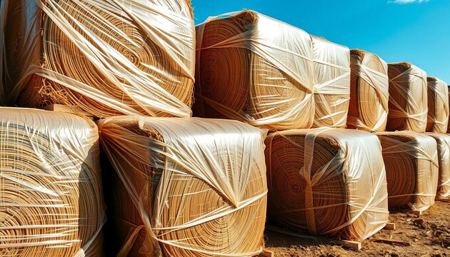 Wrapped hay bales in clear plastic sheeting, neatly stacked,  rural life,  agriculture