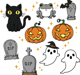 Cute and spooky Halloween cartoon icons hand-drawn style, Adobe Illustrator Artwork